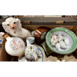 A mixed box of china including Belleek bonbon dish, porcelain moon flask painted with two young