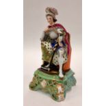 A  soft paste porcelain figure of a monarch seated on a chair, raised on a square scrolling base,