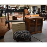 A mahogany specimen chest of eighteen drawers enclosed by glazed doors, a small blue painted