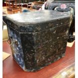 A Japanese lacquered wood chest with metal kanagu, decorated with iridescent shell designs