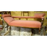 Edwardian carved mahogany scroll end chaise longue, terracotta upholstery with repeating leaf