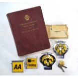 Four various AA badges (one unused) and two call-box keys, to/w a 1962 edition of the AA Illustrated