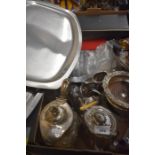 A box of electroplated ware to include bottle coasters, coffee and teapots, cased fish servers,