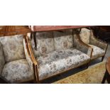 Edwardian inlaid salon suite comprising two seater sofa and a pair of matching arm chairs, floral