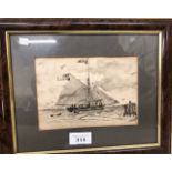 Sailing boat en grisaille pen and wash study to/w Portsmouth marine engraving (2)
