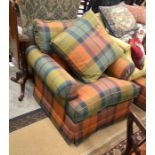 A pair of Sinclair Nelson ltd tartan upholstered arm chairs to/w matching footstool (3)