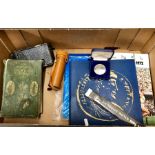 A box of collectables, including: a Kodak camera; a spyglass in its case; a copy of Mrs Beeton's