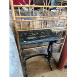 An antique Japanned occasional table to/w a bamboo single bed head panel (2)