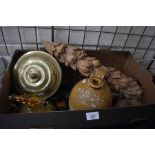 A mixed box to include stoneware flagon impressed 'John McFarlane, Dumbarton', a brass kettle, a