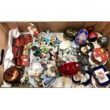 A box of decorative wares including figurines, pill boxes, small baskets, pottery Suffolk house