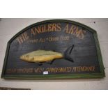 A replica painted pub sign with fish 'The Angler's Arms - Strong Ale and Good Food'
