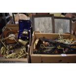 Two boxes of assorted metalware to include horse brasses, a boxed electroplated tankard, graduated