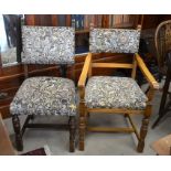 A harlequin set of eight medieval style oak dining chairs with pictorial floral upholstery, carved