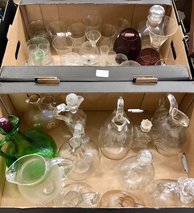 Two boxes of glassware to include:  Decanters, carafes, pitchers, brandy goblets, tumblers etc.