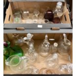 Two boxes of glassware to include:  Decanters, carafes, pitchers, brandy goblets, tumblers etc.