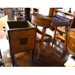 A mahogany sewing table to/w inlaid square jardiniere with metal liner (2)