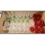 Box of drinking glasses including eleven pink glasses and five green glasses