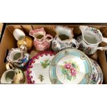 A box of 19th century and later china including decorative jugs, two hand painted tazzas and a