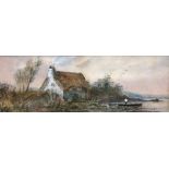 Mixed pictures including diminutive landscape, The Lamb Inn Eastbourne etching, thatched cottage