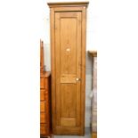 A narrow and tall pine hall cupboard with single panelled door enclosing shelves and brass hooks