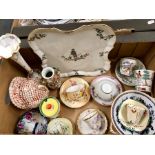 An interesting box of decorative wares including Royal Worcester blush ground teacup and saucer,