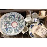 A box of china and porcelain to include Danish blue flower decorated plates, Minton bowl, coffee