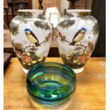 A pair of Victorian glass ovoid vases enamelled with birds, trees and flowers to/w a blue/green