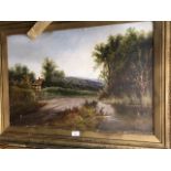 An oil on board landscape of a dwelling beside a river, indistinctly signed