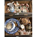 Two boxes of decorative china including Staffordshire figures and models, Royal Doulton Art