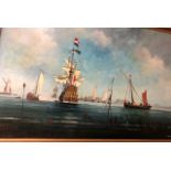 An extensive naval fleet, oil on board, signed