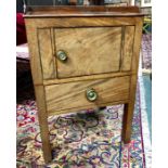 A Victorian mahogany commode, the 3/4 galleried top over a cupboard and step drawer, raised on