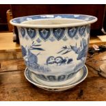 A Chinese blue and white jardiniere, decorated with Mandarin Ducks, birds and plants, 36 cm diameter