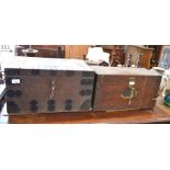 A metal bound small oak chest and a mahogany and brass bound chest - both with keys (2)