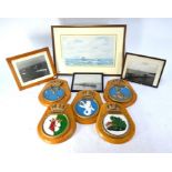 Five various painted plaster Naval ships' badges on pine shields - Statesman, Tally Ho, Alcide,