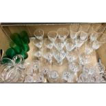 A suite of 18th century style drinking glasses to/w a cut glass water jug and eight green glass