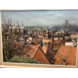 R Maybank - Rooftop view of Guildford with distant cathedral, oil on canvas, signed