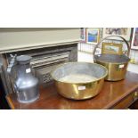 Antique pewter hot water ewer + 2 brass preserve pans