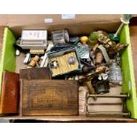 A small box of collectables to include pen knives, badges, postcards etc.
