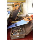 A double-layer tool chest containing vintage carpenters tools containing drill bits etc.,  to/w