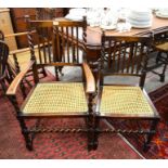 Set of eight oak cane seated dining chairs with barley twist supports (six standard and two carvers)