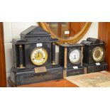 A large Victorian neo-classical style slate twin-train mantel clock with gilt and porcelain dial,