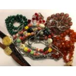 A collection of vintage bead necklaces including Venetian glass beads, multi-coloured beads,
