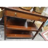 Edwardian inlaid mahogany buffet, the frieze drawer with brass lion mask handles over two open