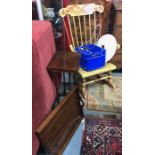 A continental folk art decorated rocking chair to/w a vintage hanging oil lamp, a mahogany tray