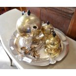 A spherical electroplated three-piece tea set, a set of twelve electroplated teaspoons and a