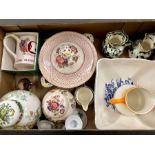 A box of mostly Masons Ironstone including a tureen and cover, two green Chartreuse jugs,