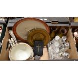 A mixed box including electroplated seven bottle cruet stand, a ceramic salad bowl with