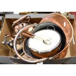 A box to include an oak salad bowl with electroplated mounts, an antique copper coal bucket,