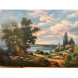 Ball - An extensive continental lake scene with seated figure, oil on canvas, signed
