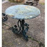 A companion pair of weathered circular marble topped cast iron tables (design matches next lot) (2)